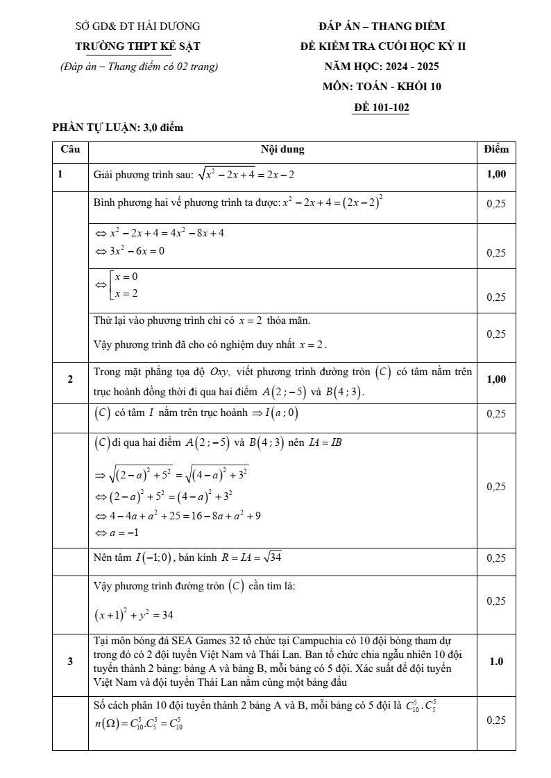 Đề thi Học kì 2 Toán 10 trường THPT Kẻ Sặt (Hải Dương) năm 2024-2025