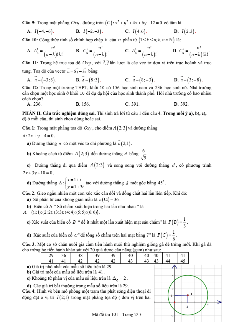 Đề thi Học kì 2 Toán 10 trường THPT Lê Hồng Phong (Đắk Lắk) năm 2024-2025
