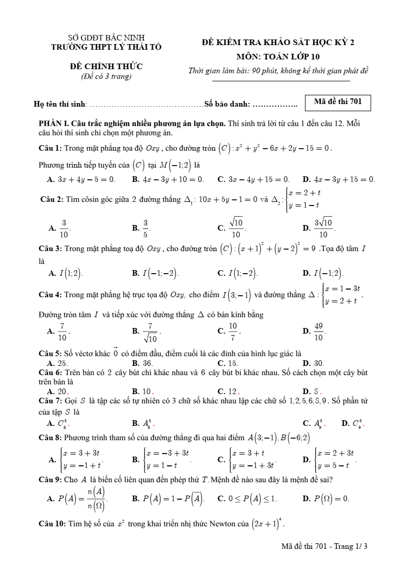 Đề thi Học kì 2 Toán 10 trường THPT Lý Thái Tổ (Bắc Ninh) năm 2024-2025