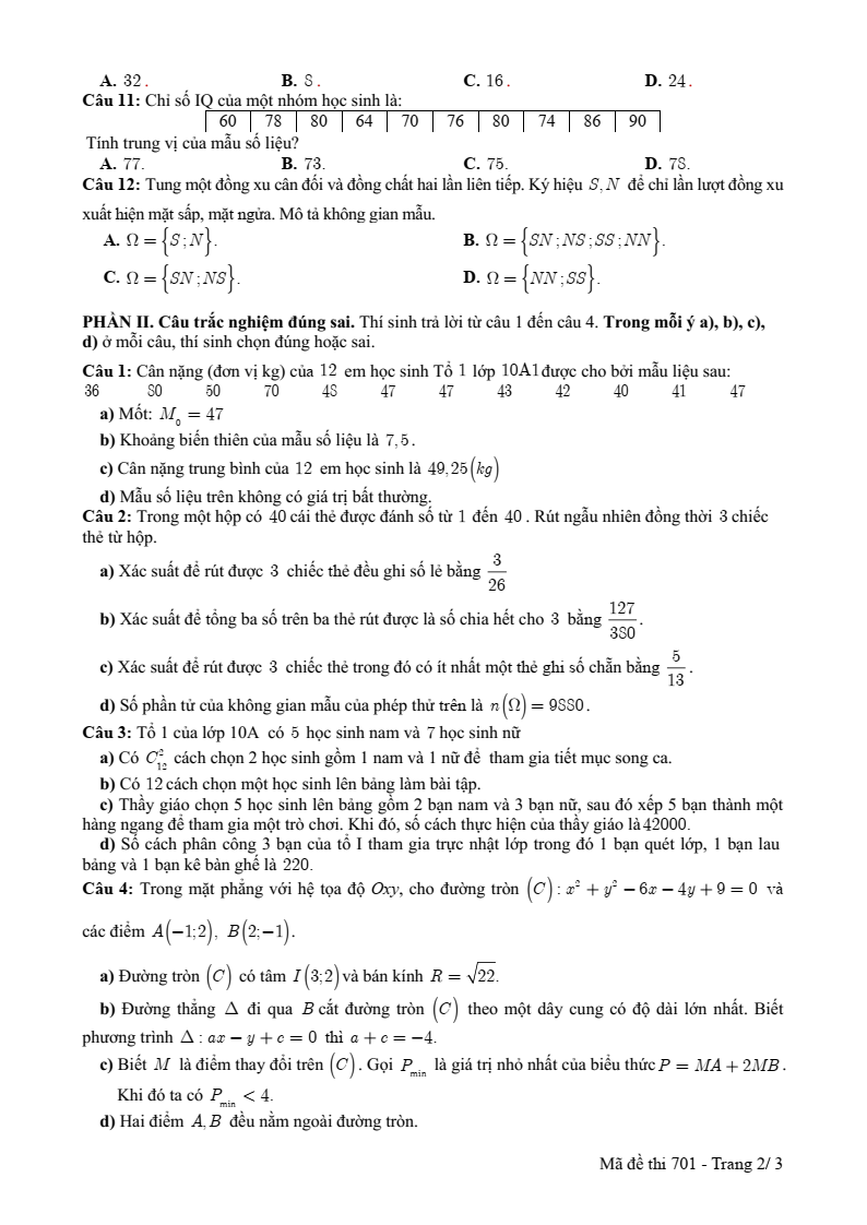Đề thi Học kì 2 Toán 10 trường THPT Lý Thái Tổ (Bắc Ninh) năm 2024-2025