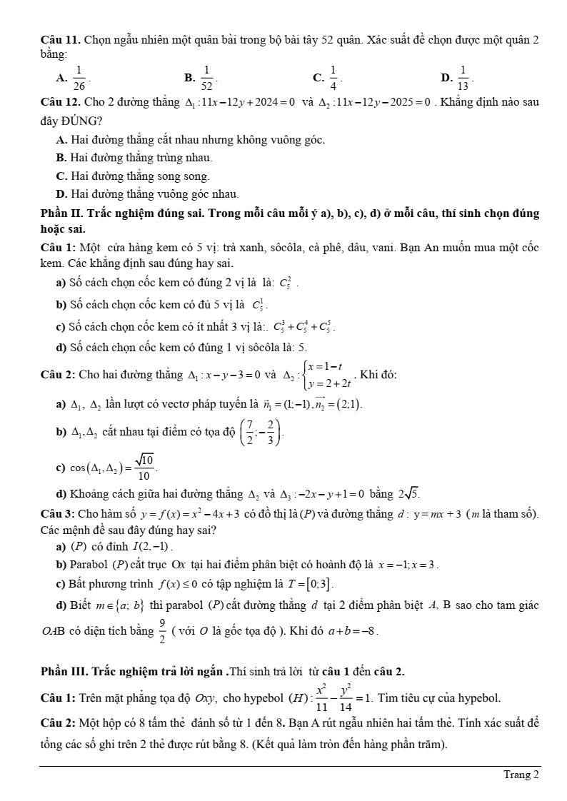 Đề thi Học kì 2 Toán 10 trường THPT Ngô Gia Tự (Phú Yên) năm 2024-2025