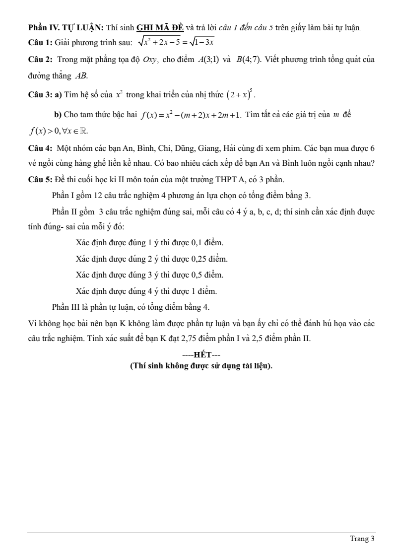 Đề thi Học kì 2 Toán 10 trường THPT Ngô Gia Tự (Phú Yên) năm 2024-2025