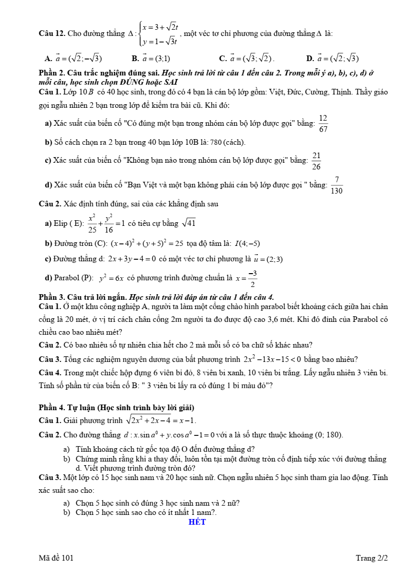 Đề thi Học kì 2 Toán 10 trường THPT Ngô Gia Tự (Đắk Lắk) năm 2024-2025