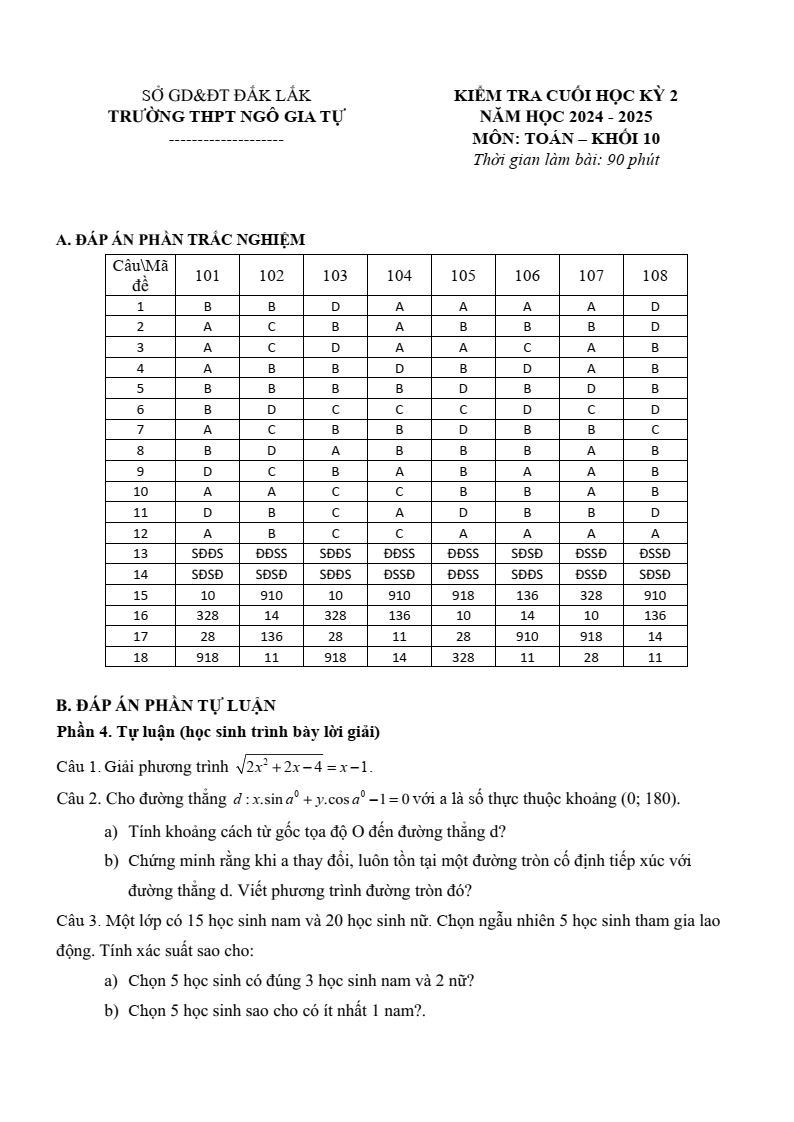 Đề thi Học kì 2 Toán 10 trường THPT Ngô Gia Tự (Đắk Lắk) năm 2024-2025