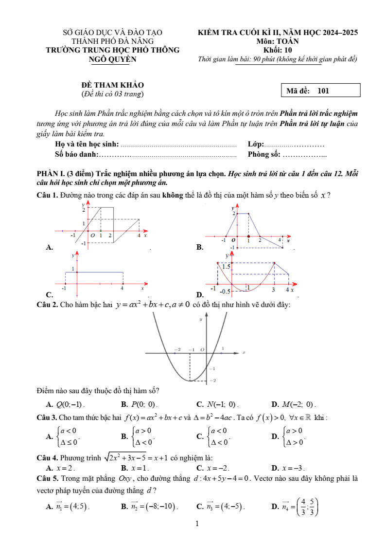 Đề thi Học kì 2 Toán 10 trường THPT Ngô Quyền (Đà Nẵng) năm 2024-2025