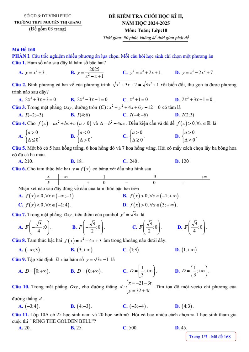Đề thi Học kì 2 Toán 10 trường THPT Nguyễn Thị Giang (Vĩnh Phúc) năm 2024-2025