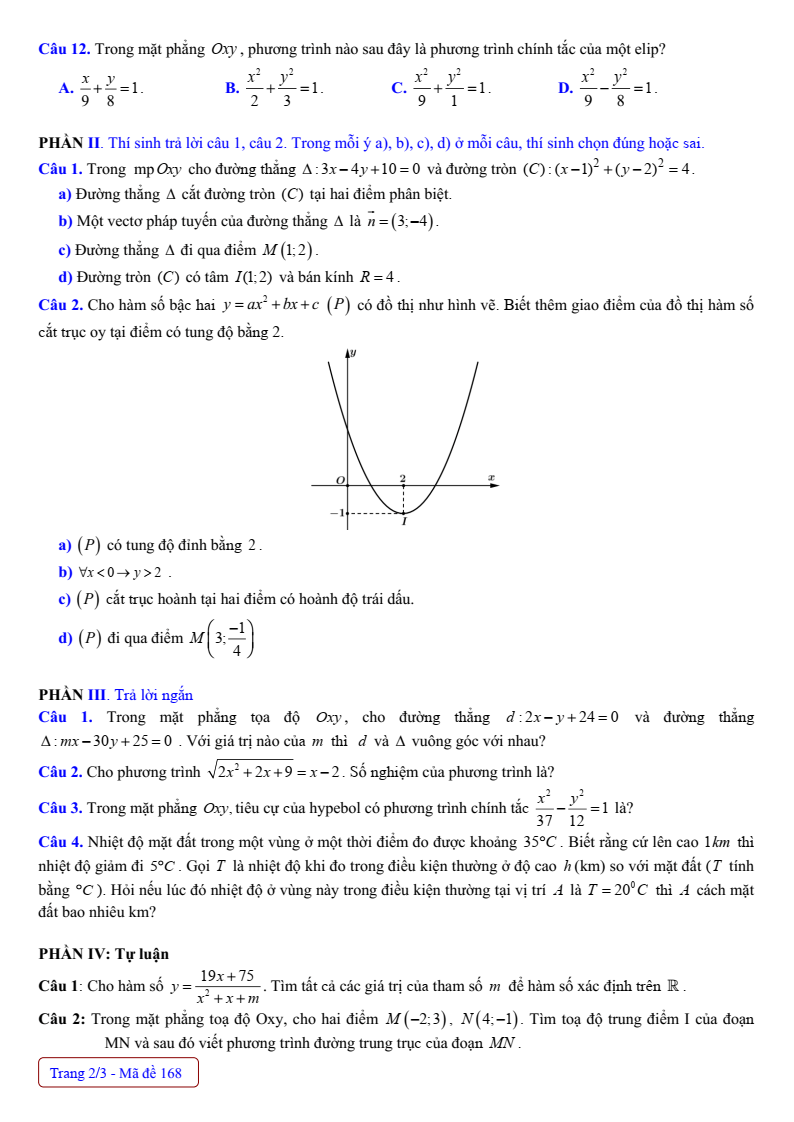 Đề thi Học kì 2 Toán 10 trường THPT Nguyễn Thị Giang (Vĩnh Phúc) năm 2024-2025