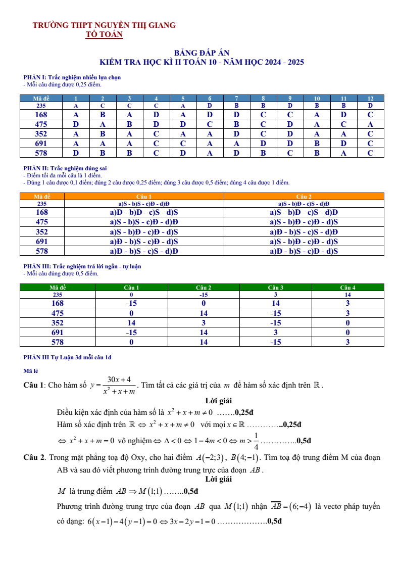 Đề thi Học kì 2 Toán 10 trường THPT Nguyễn Thị Giang (Vĩnh Phúc) năm 2024-2025