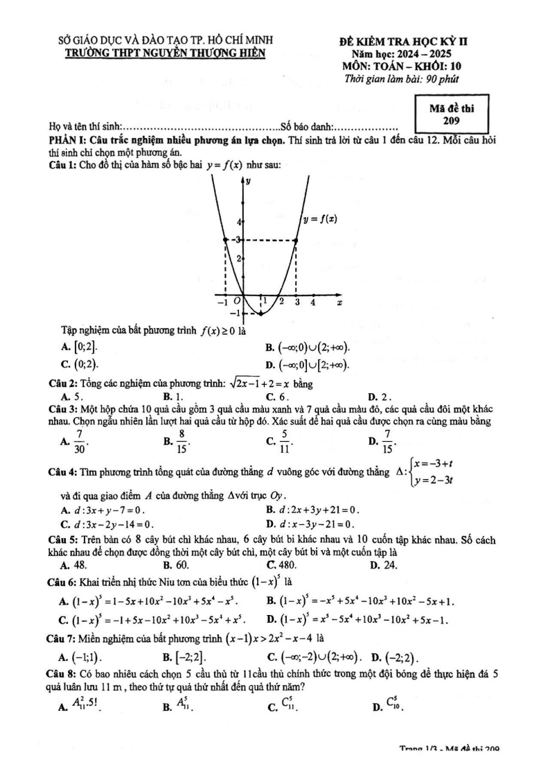 Đề thi Học kì 2 Toán 10 trường THPT Nguyễn Thượng Hiền (Tp.HCM) năm 2024-2025