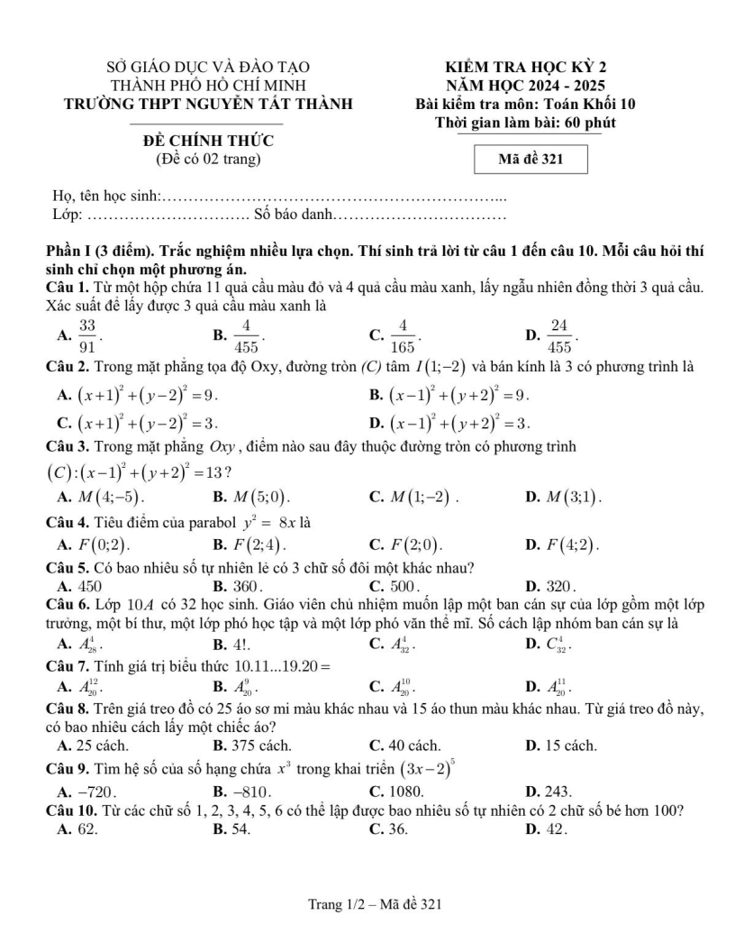 Đề thi Học kì 2 Toán 10 trường THPT Nguyễn Tất Thành (Tp.HCM) năm 2024-2025