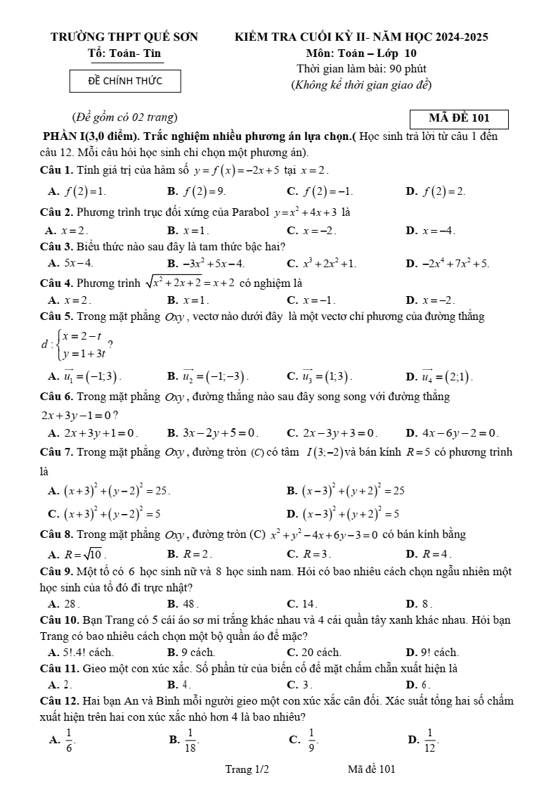 Đề thi Học kì 2 Toán 10 trường THPT Quế Sơn (Quảng Nam) năm 2024-2025