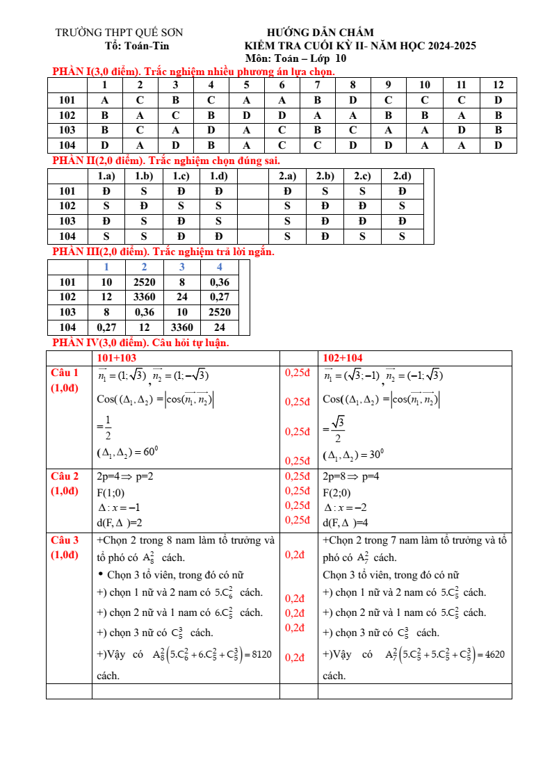 Đề thi Học kì 2 Toán 10 trường THPT Quế Sơn (Quảng Nam) năm 2024-2025
