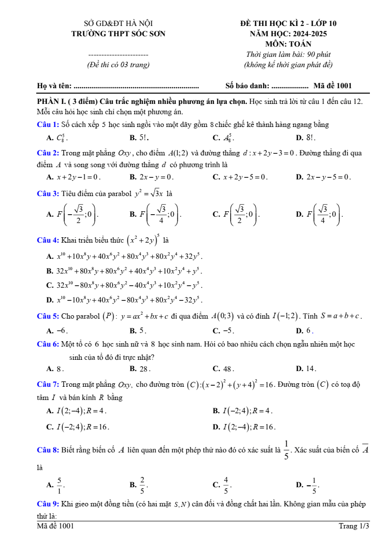 Đề thi Học kì 2 Toán 10 trường THPT Sóc Sơn (Hà Nội) năm 2024-2025