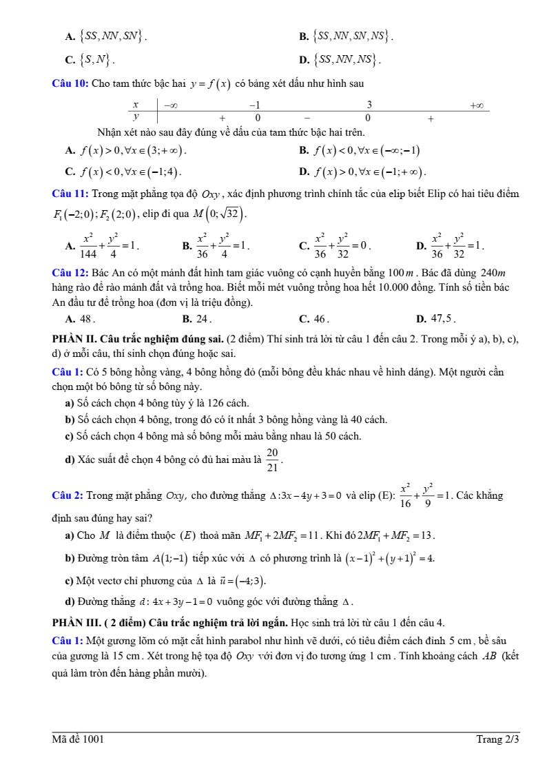 Đề thi Học kì 2 Toán 10 trường THPT Sóc Sơn (Hà Nội) năm 2024-2025