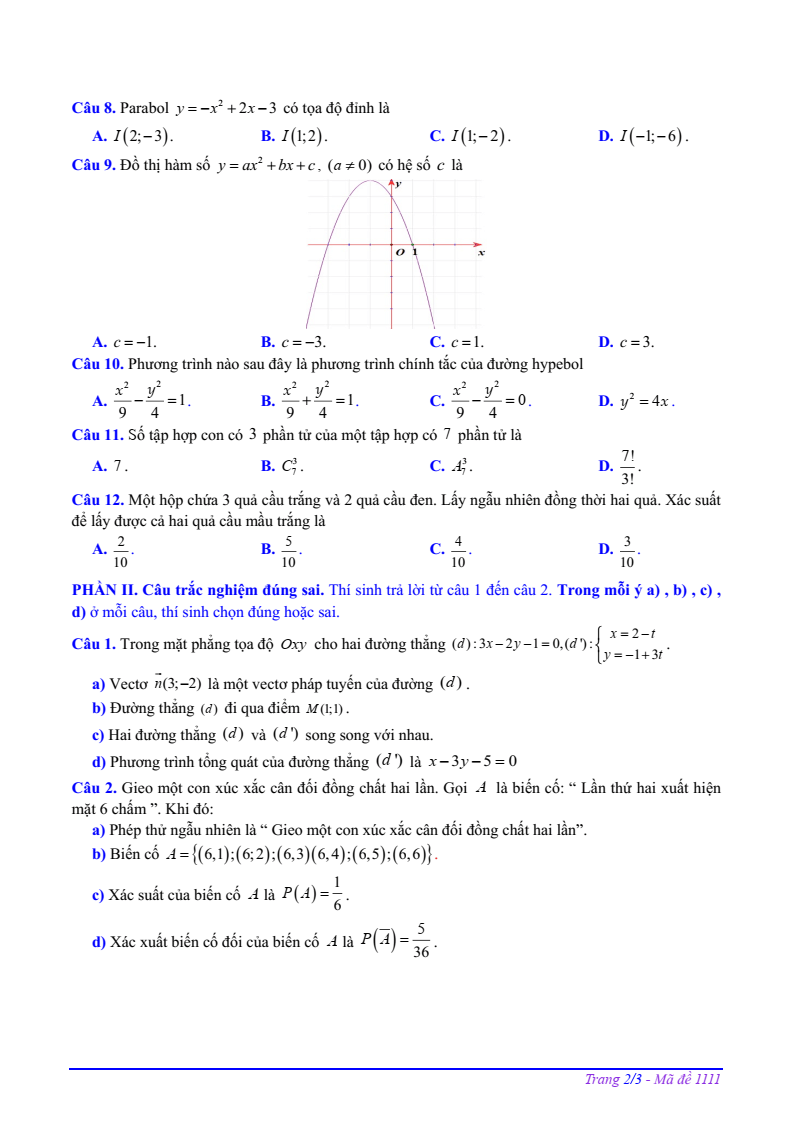 Đề thi Học kì 2 Toán 10 trường THPT Thị xã Quảng Trị năm 2024-2025