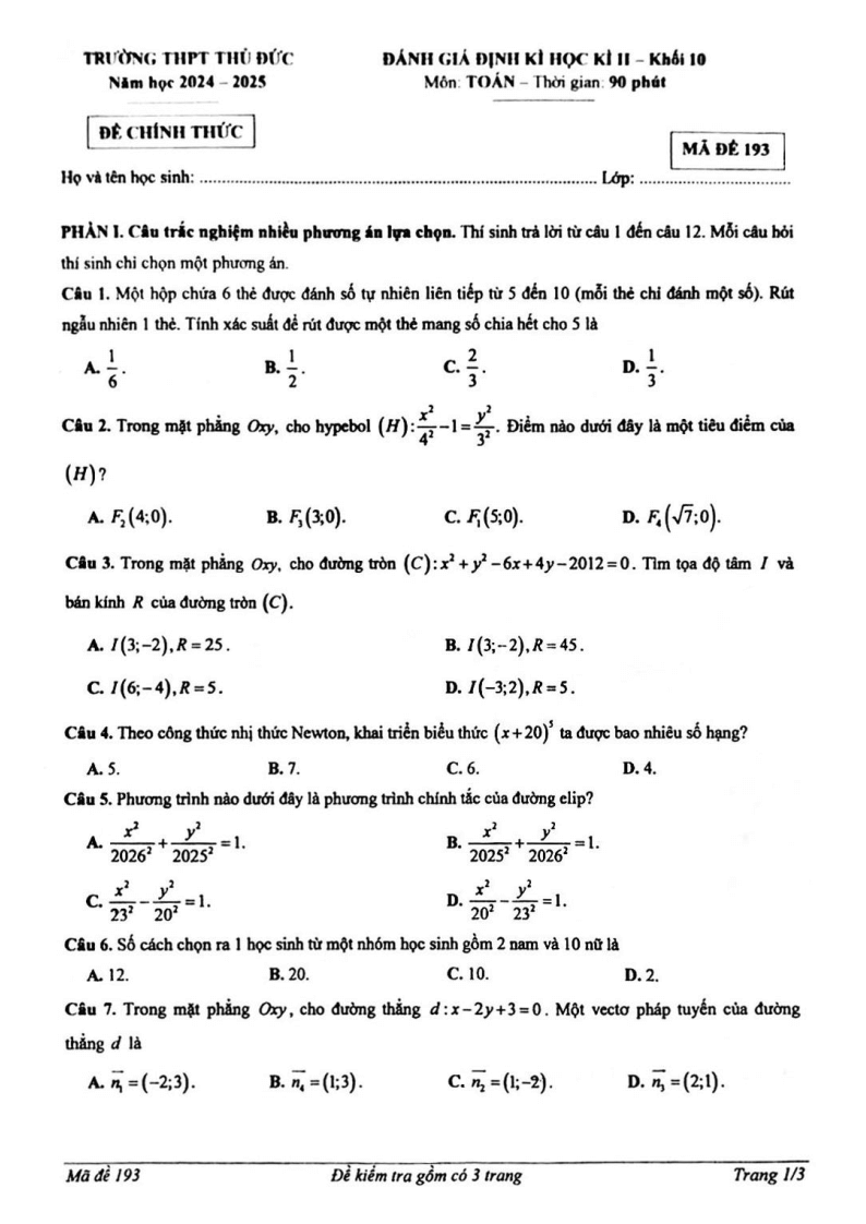 Đề thi Học kì 2 Toán 10 trường THPT Thủ Đức (Tp.HCM) năm 2024-2025