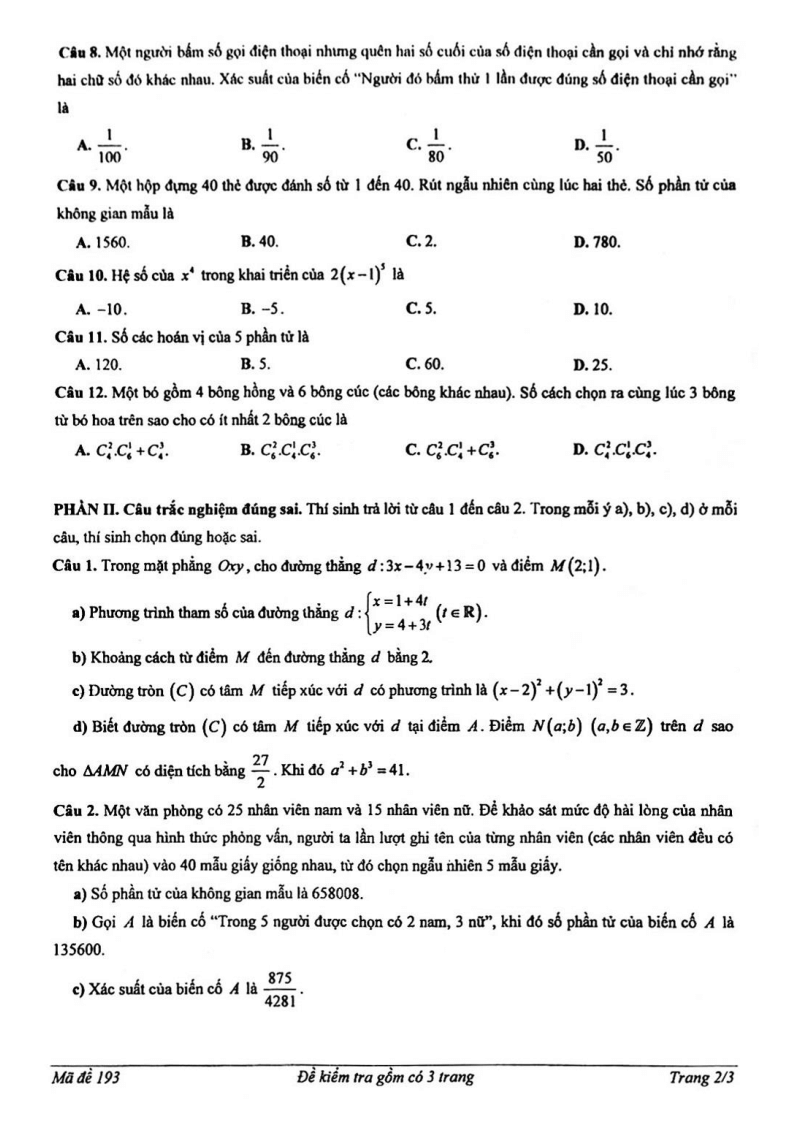 Đề thi Học kì 2 Toán 10 trường THPT Thủ Đức (Tp.HCM) năm 2024-2025