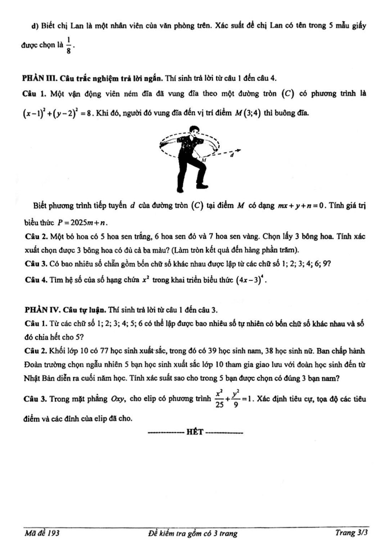 Đề thi Học kì 2 Toán 10 trường THPT Thủ Đức (Tp.HCM) năm 2024-2025