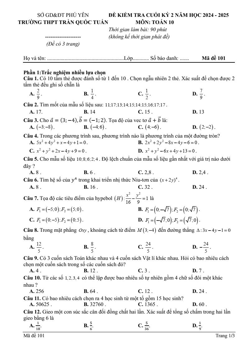 Đề thi Học kì 2 Toán 10 trường THPT Trần Quốc Tuấn (Phú Yên) năm 2024-2025