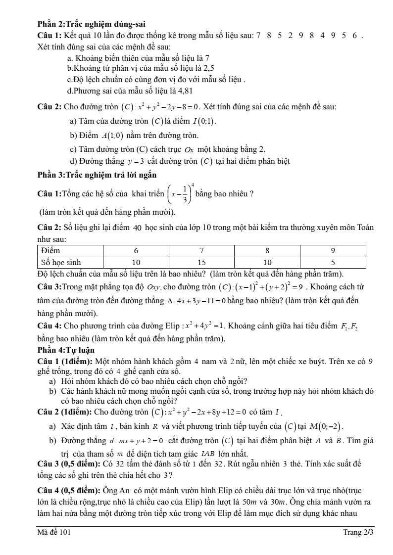 Đề thi Học kì 2 Toán 10 trường THPT Trần Quốc Tuấn (Phú Yên) năm 2024-2025