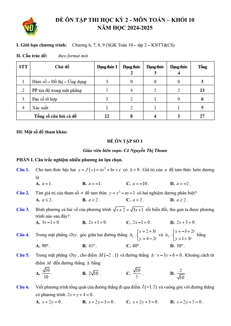 Đề thi Học kì 2 Toán 10 trường THPT Việt Đức (Hà Nội) năm 2024-2025