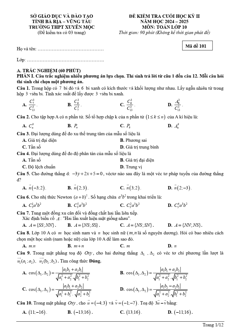 Đề thi Học kì 2 Toán 10 trường THPT Xuyên Mộc (Bà Rịa - Vũng Tàu) năm 2024-2025