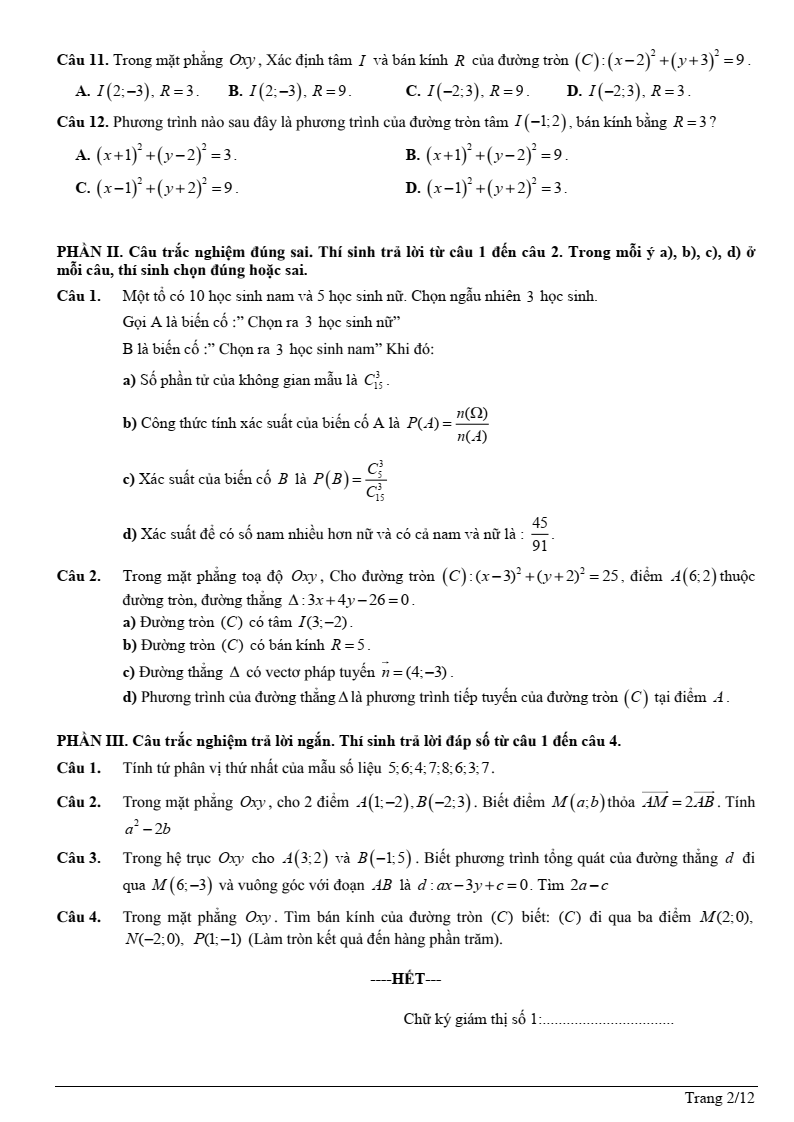 Đề thi Học kì 2 Toán 10 trường THPT Xuyên Mộc (Bà Rịa - Vũng Tàu) năm 2024-2025