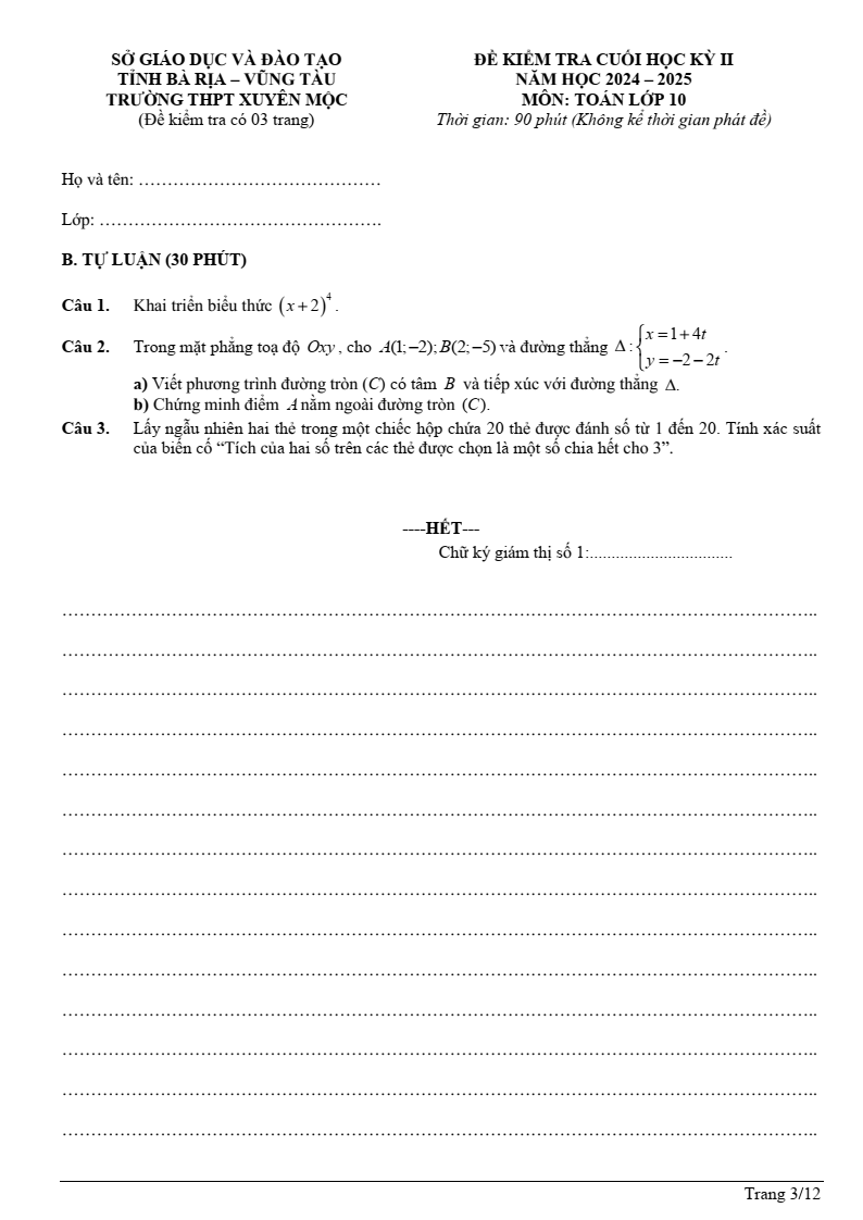 Đề thi Học kì 2 Toán 10 trường THPT Xuyên Mộc (Bà Rịa - Vũng Tàu) năm 2024-2025