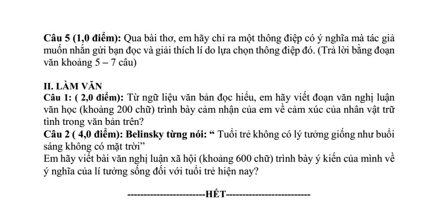 Đề thi Học kì 2 Văn 10 năm 2023-2024 trường THPT Thị xã Mường Lay