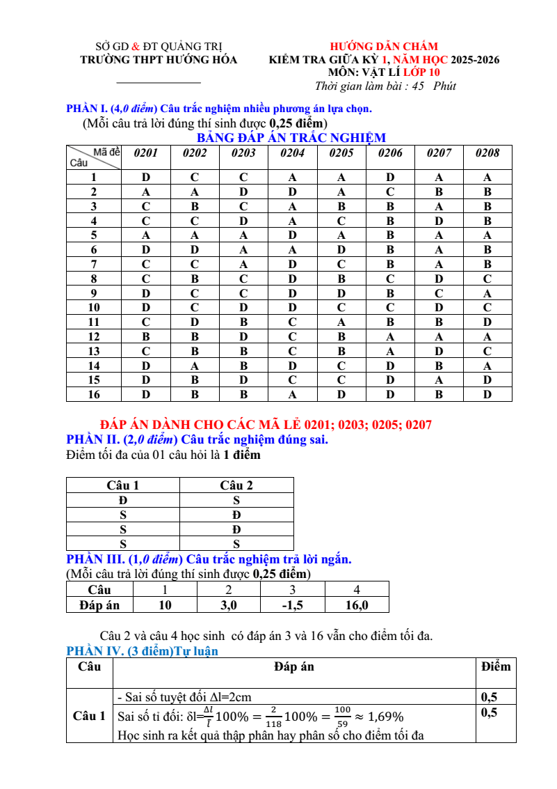 Đề thi Giữa kì 1 Vật Lí 10 năm 2025-2026 trường THPT Hướng Hóa (Quảng Trị)