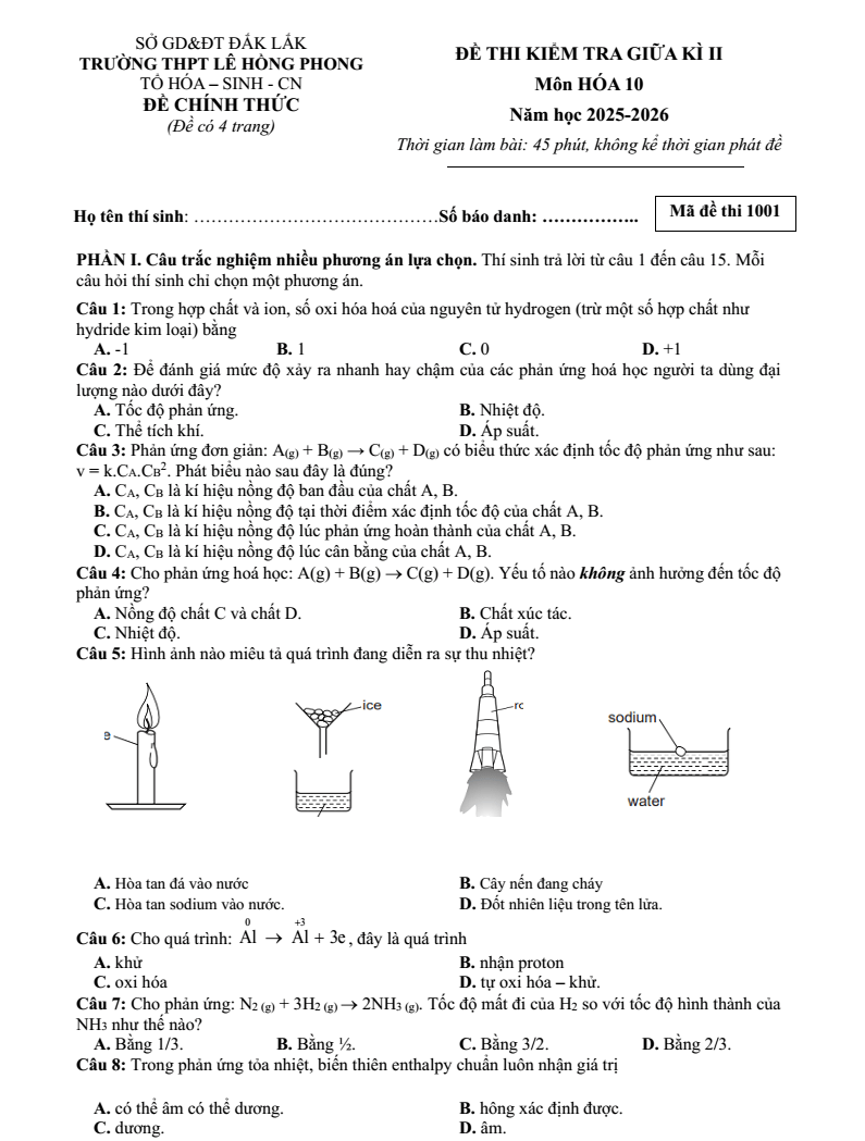 Đề thi Giữa kì 2 Hóa học 10 năm 2025-2026 trường THPT số 1 Lê Hồng Phong (Đắk Lắk)