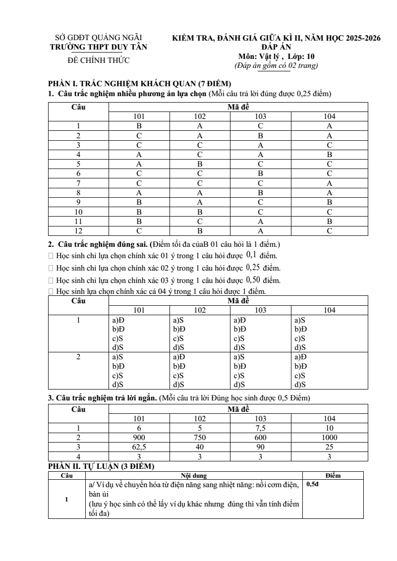 Đề thi Giữa kì 2 Vật Lí 10 năm 2025-2026 trường THPT Duy Tân (Quảng Ngãi)