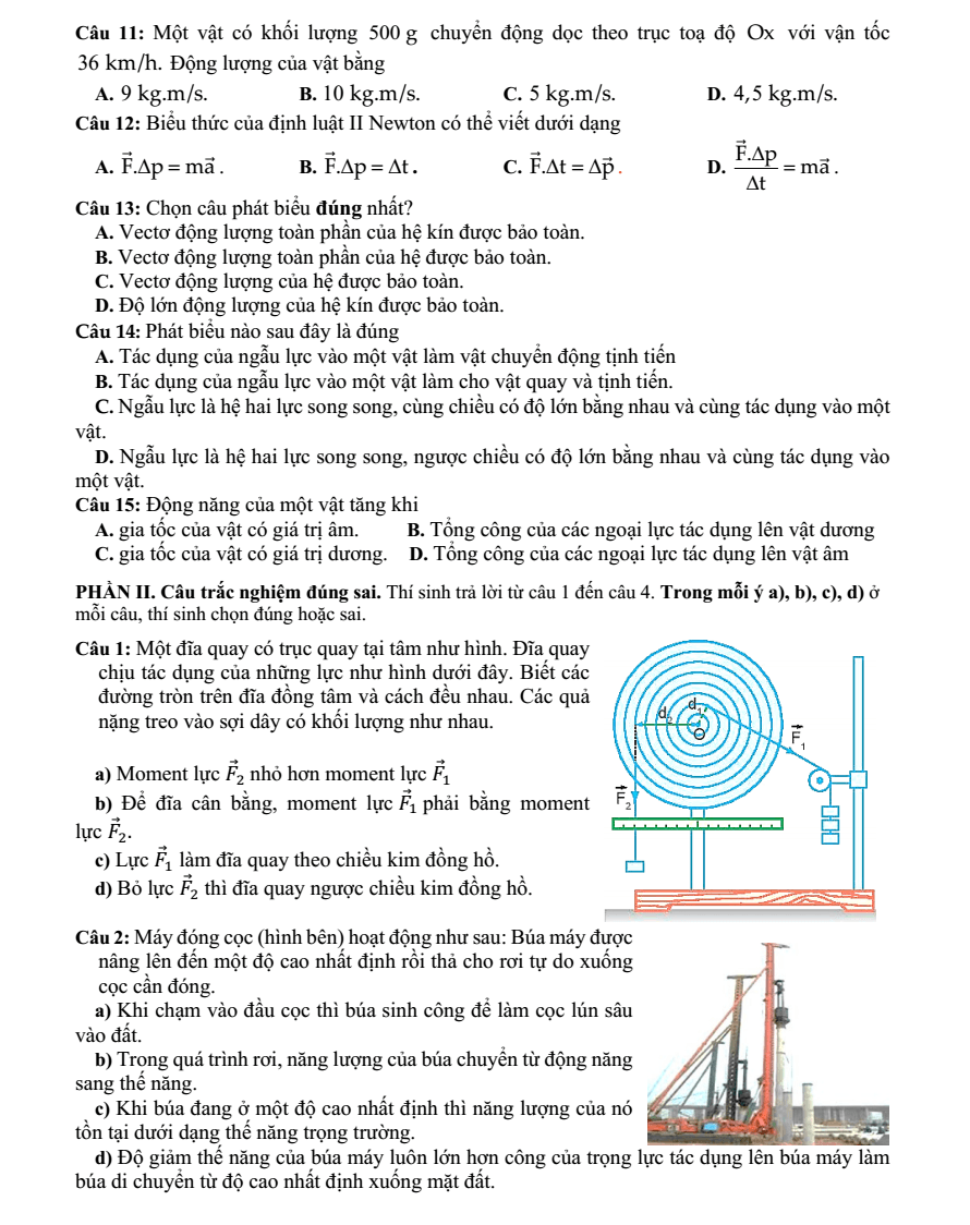 Đề thi Giữa kì 2 Vật Lí 10 năm 2024-2025 trường THPT Lê Hồng Phong (Đắk Lắk)