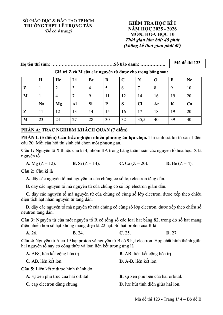 Đề thi Học kì 1 Hóa học 10 năm 2025-2026 trường THPT Lê Trọng Tấn (Tp.HCM)