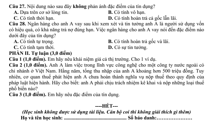 Đề thi Học kì 1 KTPL 10 năm 2025-2026 trường THPT Bình Chiểu (Tp.HCM)