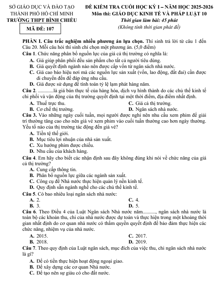 Đề thi Học kì 1 KTPL 10 năm 2025-2026 trường THPT Bình Chiểu (Tp.HCM)