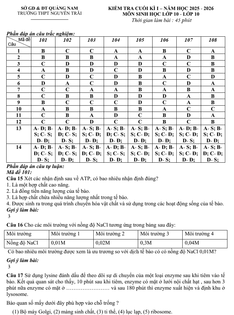 Đề thi Học kì 1 Sinh học 10 năm 2025-2026 trường THPT Nguyễn Trãi (Đà Nẵng)