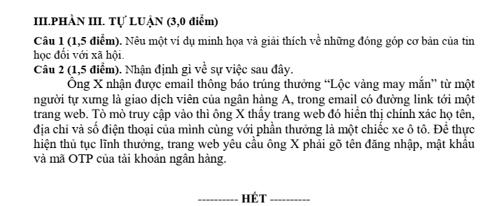 Đề thi Học kì 1 Tin học 10 năm 2025-2026 trường THPT Lê Trọng Tấn (Tp.HCM)