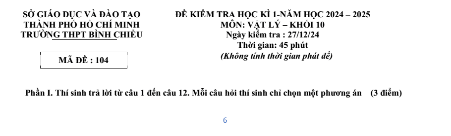 Đề thi Học kì 1 Vật Lí 10 năm 2024-2025 trường THPT Bình Chiểu (Tp.HCM)