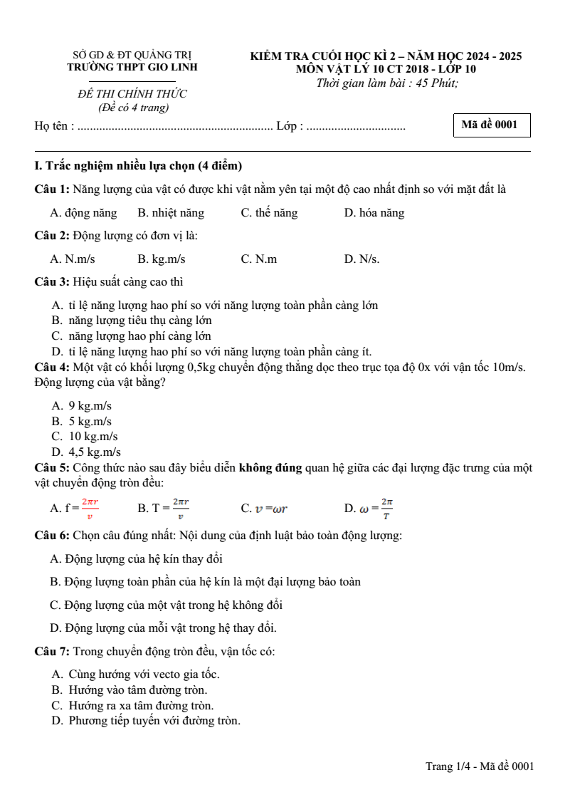 Đề thi Học kì 2 Vật Lí 10 năm 2024-2025 trường THPT Gio Linh (Quảng Trị)