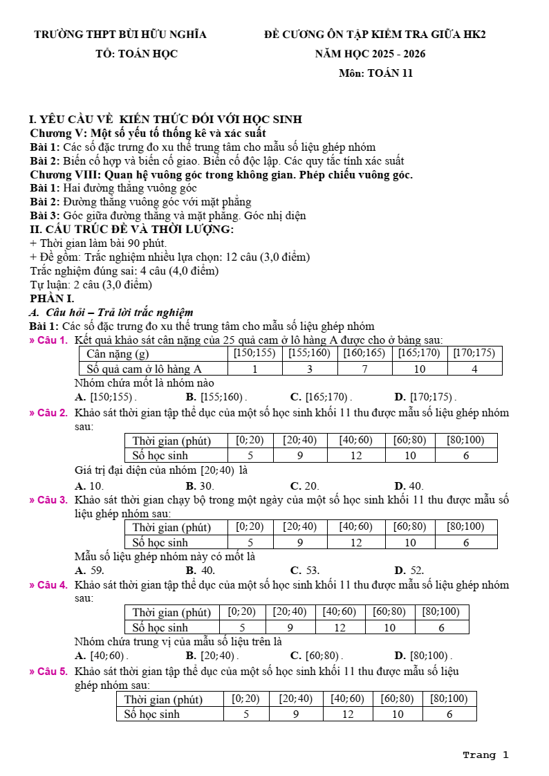 Đề cương ôn tập Giữa kì 2 Toán 11 trường THPT Bùi Hữu Nghĩa (Cần Thơ) năm 2025-2026
