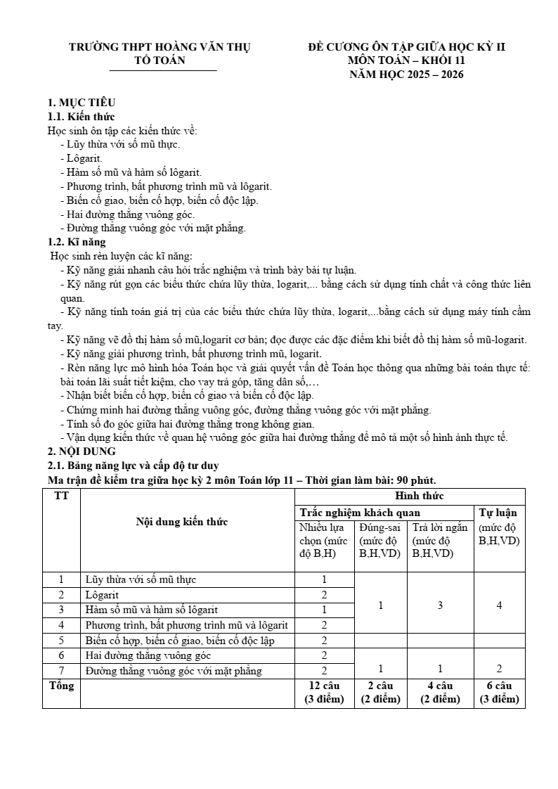 Đề cương ôn tập Giữa kì 2 Toán 11 trường THPT Hoàng Văn Thụ (Hà Nội) năm 2025-2026