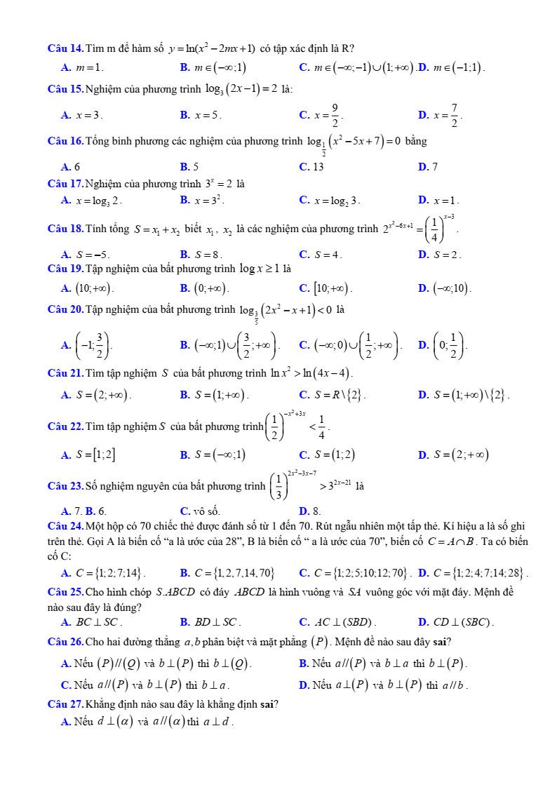 Đề cương ôn tập Giữa kì 2 Toán 11 trường THPT Hoàng Văn Thụ (Hà Nội) năm 2025-2026