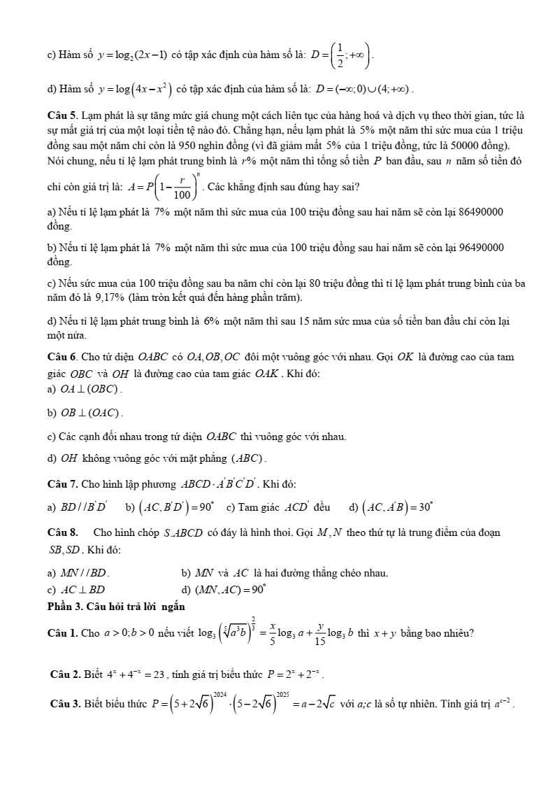 Đề cương ôn tập Giữa kì 2 Toán 11 trường THPT Hoàng Văn Thụ (Hà Nội) năm 2025-2026