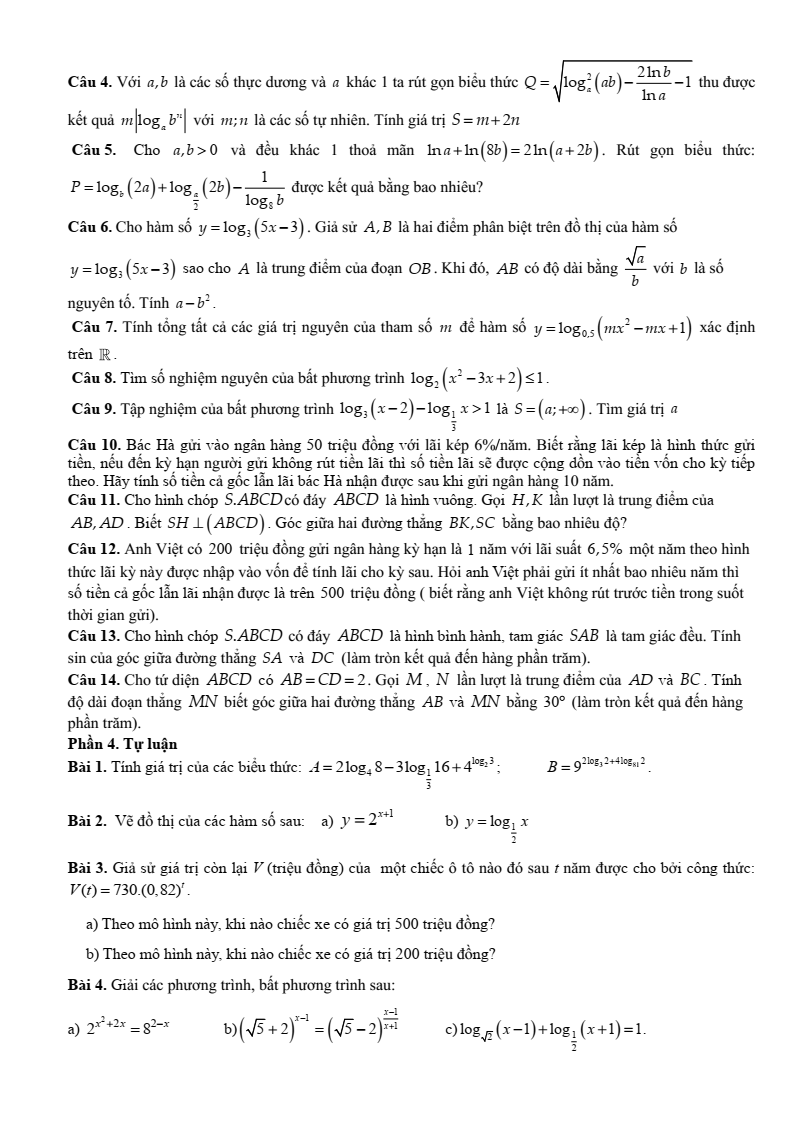 Đề cương ôn tập Giữa kì 2 Toán 11 trường THPT Hoàng Văn Thụ (Hà Nội) năm 2025-2026