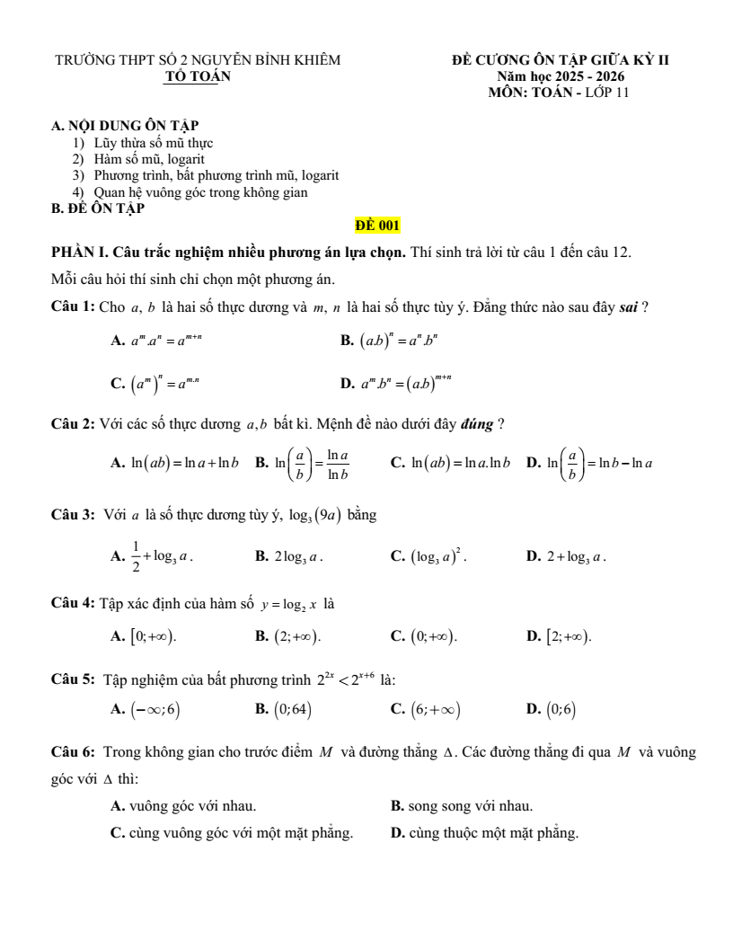 Đề cương ôn tập Giữa kì 2 Toán 11 trường THPT Số 2 Nguyễn Bỉnh Khiêm (Gia Lai) năm 2025-2026