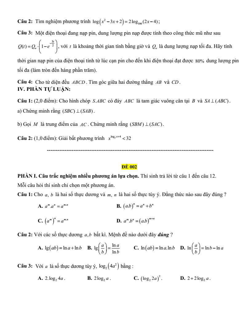 Đề cương ôn tập Giữa kì 2 Toán 11 trường THPT Số 2 Nguyễn Bỉnh Khiêm (Gia Lai) năm 2025-2026