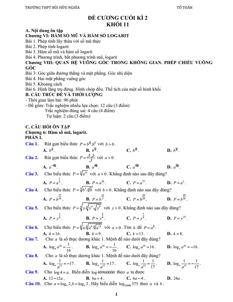 Đề cương ôn tập Học kì 2 Toán 11 trường THPT Bùi Hữu Nghĩa (Cần Thơ) năm 2025-2026