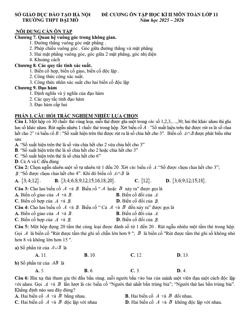 Đề cương ôn tập Học kì 2 Toán 11 trường THPT Đại Mỗ (Hà Nội) năm 2025-2026