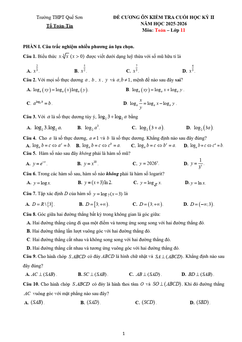 Đề cương ôn tập Học kì 2 Toán 11 trường THPT Quế Sơn (Đà Nẵng) năm 2025-2026